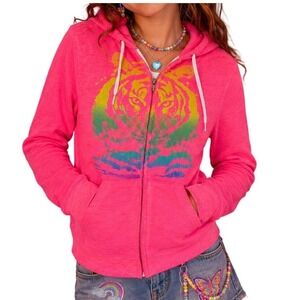 Hard Candy Lisa Frank Inspired Neon Pink Full Zip Up Graphic Hoodie Jacket M Y2K